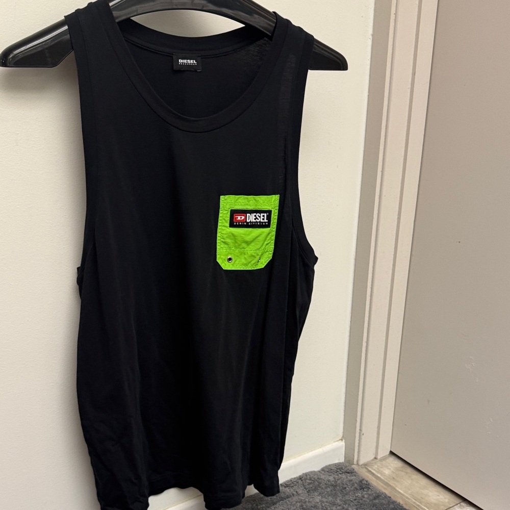 Vintage 90s rare Diesel beach  Black Tank with Bright Green nylon Pocket